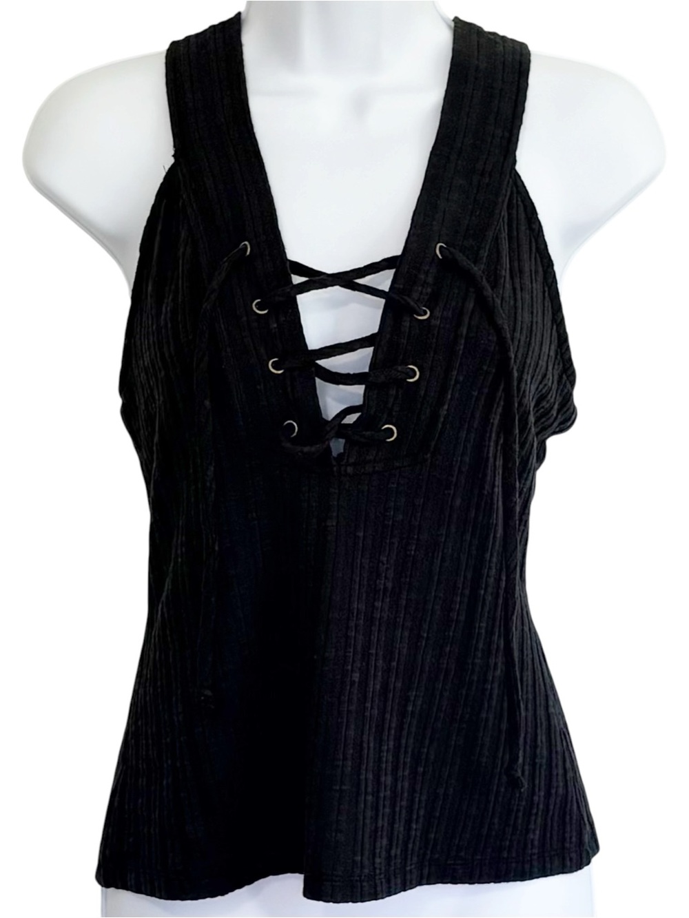 DAYTRIP Black Ribbed Lace Up Tank Top Small Sleeveless Racerback Stretch Top